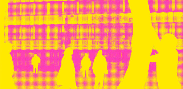 Graafinen kuva kaupunkitilasta, jossa kulkee ihmisiä. Kuva on pinkki ja keltainen väreiltään.