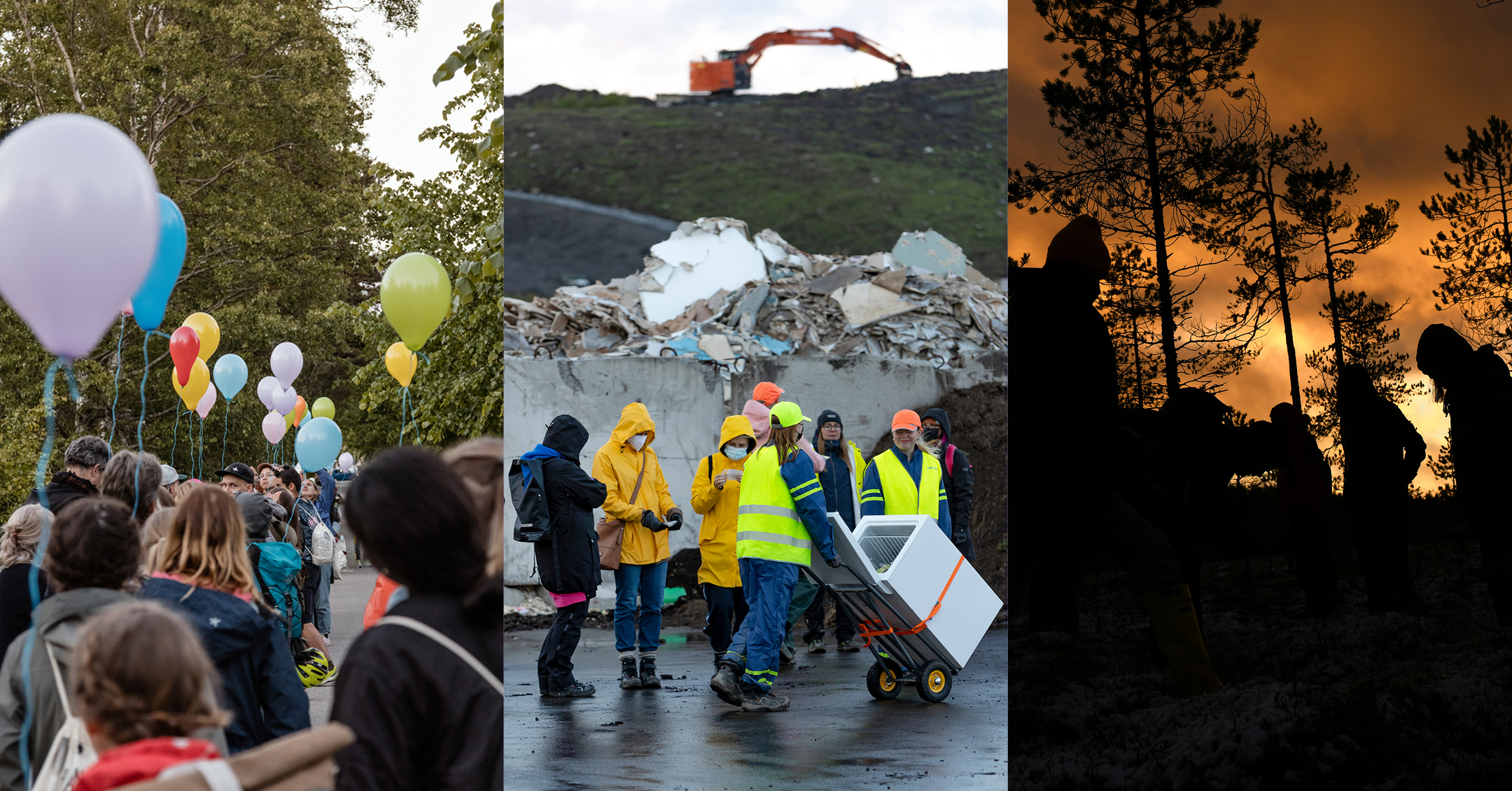 Three images next to each other. People in line holding balloons in the air. People in front of a mountain of rubbish. People's silhuettes in front of a sunset.