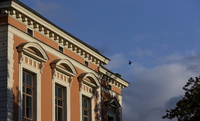 The upper corner of Kuopio City Hall, bright sky, a bird flying through.