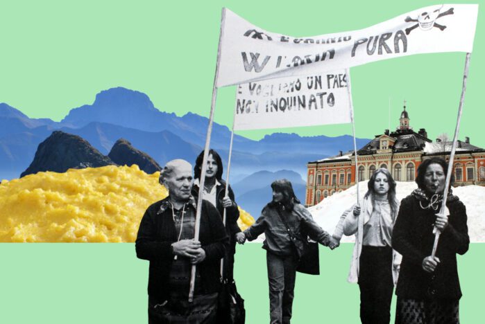 Kollaasi vihreällä taustalla, vuoria, taustalla keltainen Polenta ja Kuopion kaupungintalo sekä etualalla viisi naista mielenosoituskyltit käsissään.