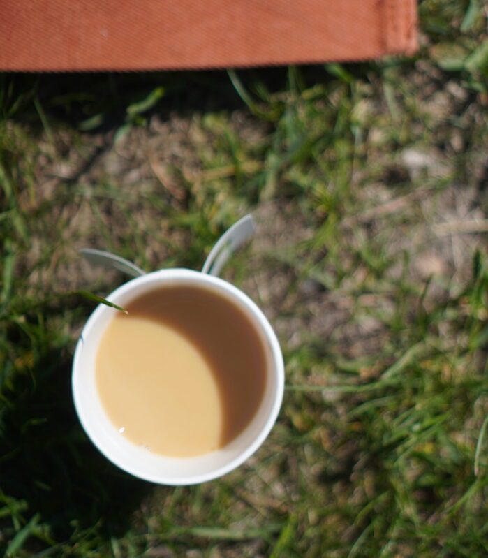Kahvikuppi nurmikolla.