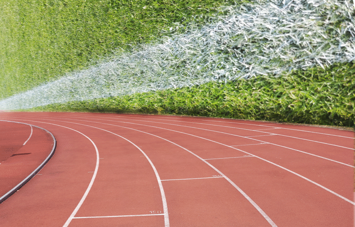 The image is a collage combining two separate photos. One shows a running track, and the other is a close-up of a grassy field with a white painted line. The combination creates a surreal illusion, where the grassy field appears like a massive wall stretching up to the sky, bordering the track. The painted line on the grass and the lines of the running track converge at the same point on the left side of the image.